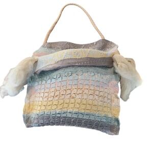 Handmade Mixed Media Fiber Art Wall Hanging Pastel Wool Textured Boho 9 1/2" x 9